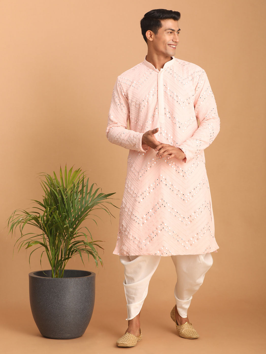 vastramay mens pink embroidered mirror work kurta with white cowl dhoti set