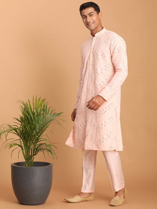 vastramay mens pink embroidered mirror work kurta with pink solid stylish pant set