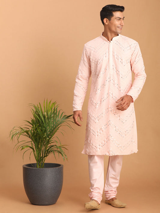vastramay mens pink embroidered mirror work kurta with pyjama set