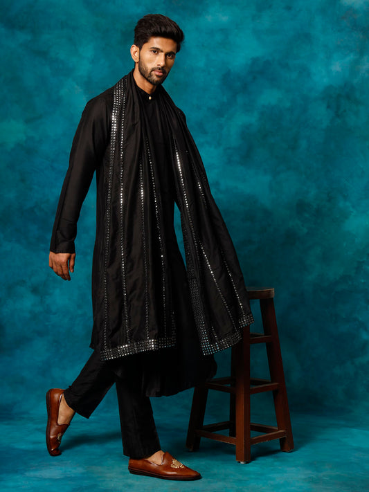 VASTRAMAY Men's Black Pleated Kurta Pant With Dupatta Set