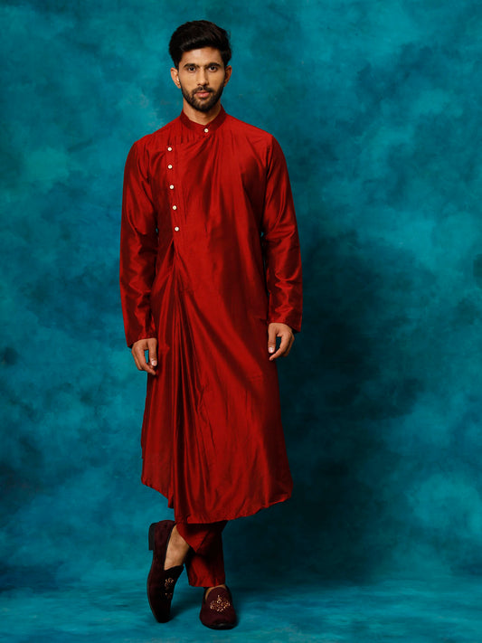 VASTRAMAY Men's Maroon Pleated Kurta