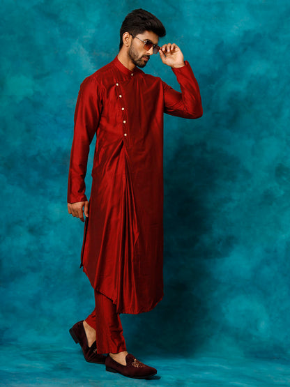 VASTRAMAY Men's Maroon Pleated Kurta