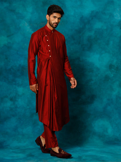 VASTRAMAY Men's Maroon Pleated Kurta