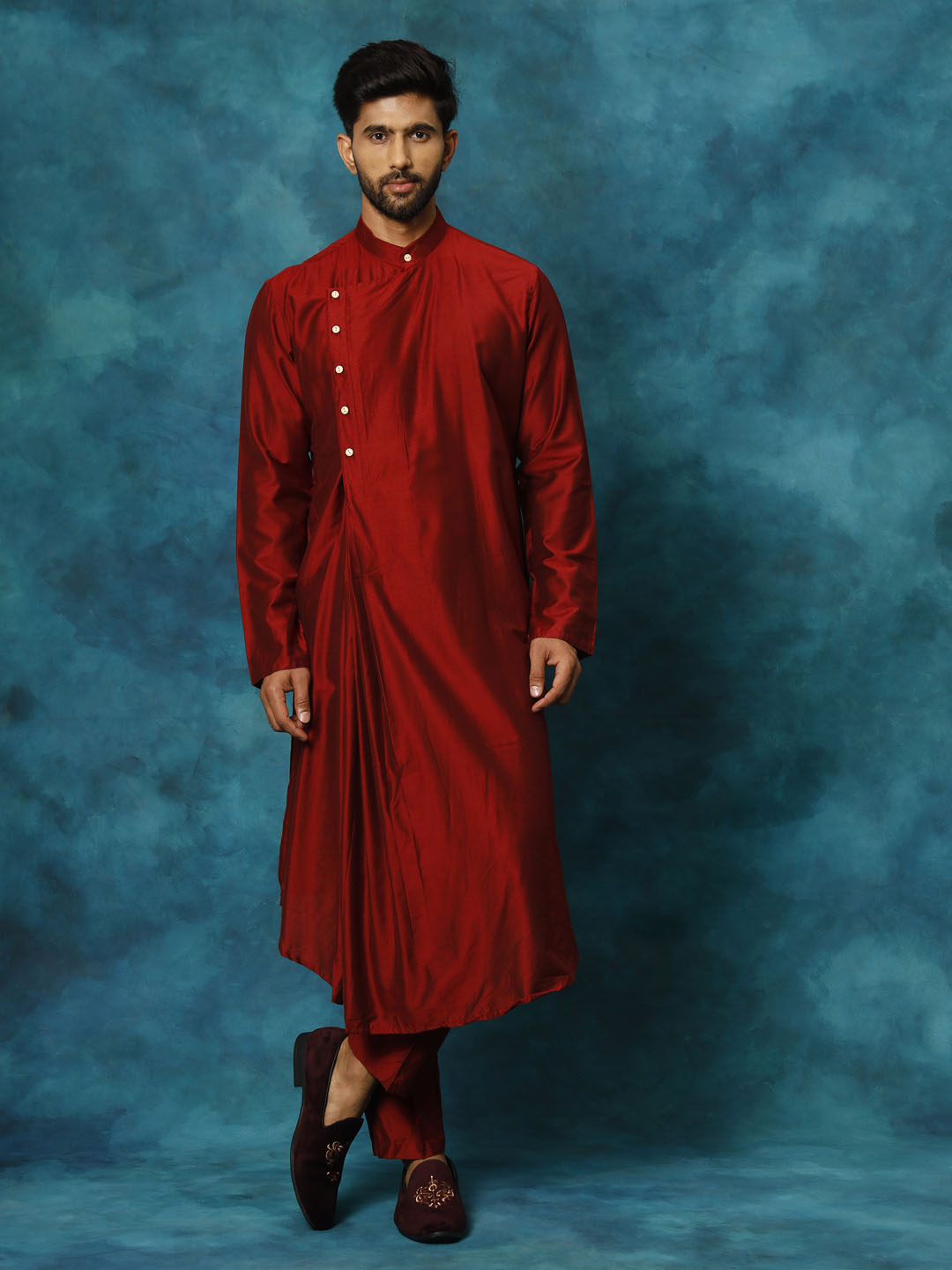 VASTRAMAY Men's Maroon Viscose Blend Kurta Pyjama Set