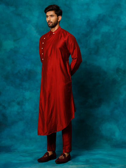 VASTRAMAY Men's Maroon Viscose Blend Kurta Pyjama Set