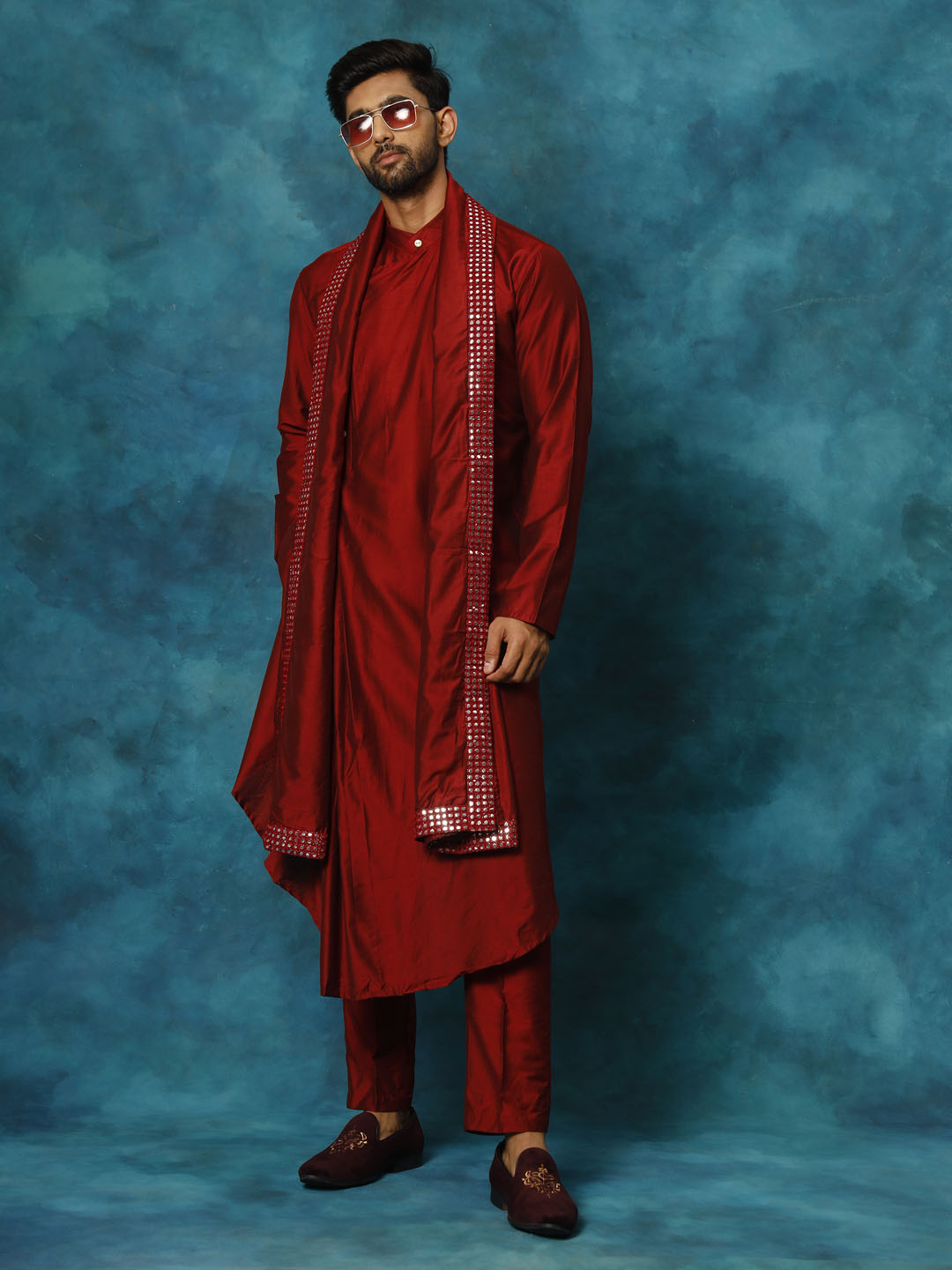 VASTRAMAY Men's Maroon Pleated Kurta Pant With Dupatta Set