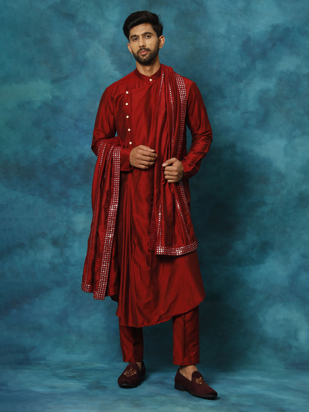 VASTRAMAY Men's Maroon Pleated Kurta Pant With Dupatta Set