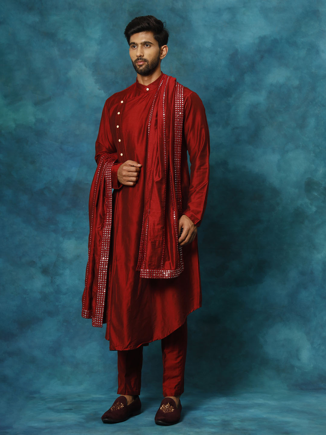 VASTRAMAY Men's Maroon Pleated Kurta Pant With Dupatta Set