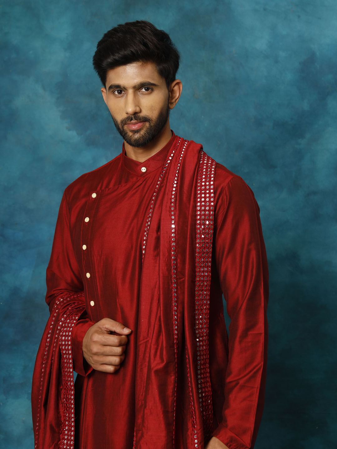 VASTRAMAY Men's Maroon Pleated Kurta Pant With Dupatta Set