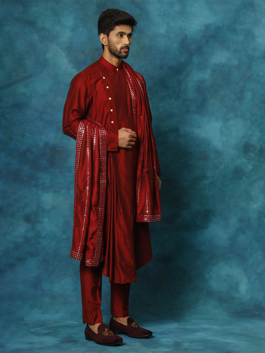 VASTRAMAY Men's Maroon Pleated Kurta Pant With Dupatta Set