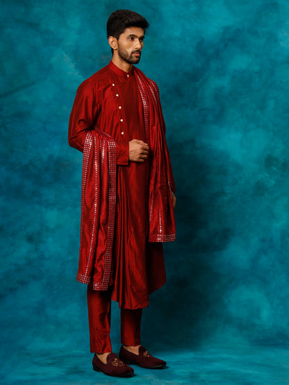 VASTRAMAY Men's Maroon Pleated Kurta Pant With Dupatta Set