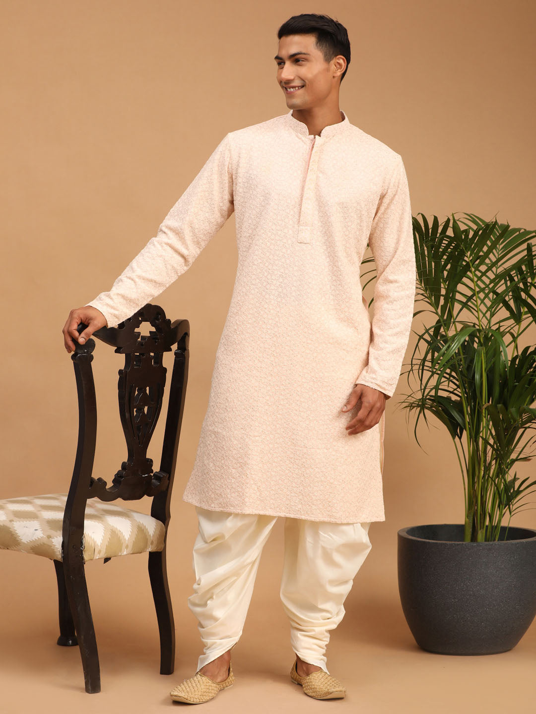 shrestha by Vastramay mens pink ethnic motifs embroidered georgette kurta and cream dhoti set