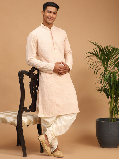 shrestha by Vastramay mens pink ethnic motifs embroidered georgette kurta and cream dhoti set