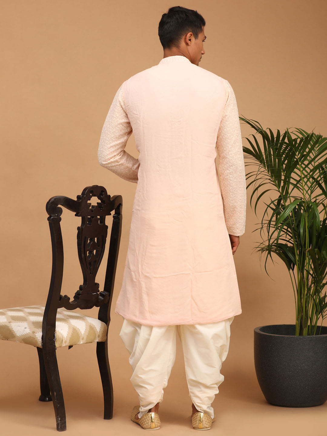 shrestha by Vastramay mens pink ethnic motifs embroidered georgette kurta and cream dhoti set