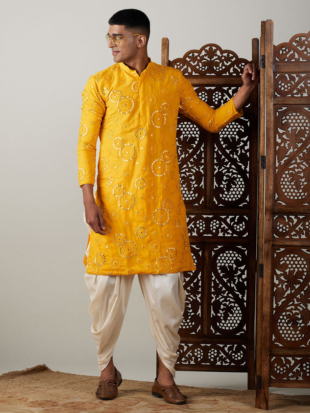 Vastramay mens yellow ethnic motifs embroidered kurta with solid dhoti pant set