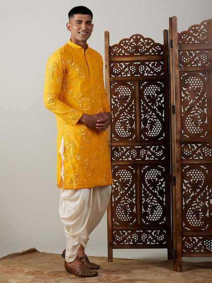 Vastramay mens yellow ethnic motifs embroidered kurta with solid dhoti pant set