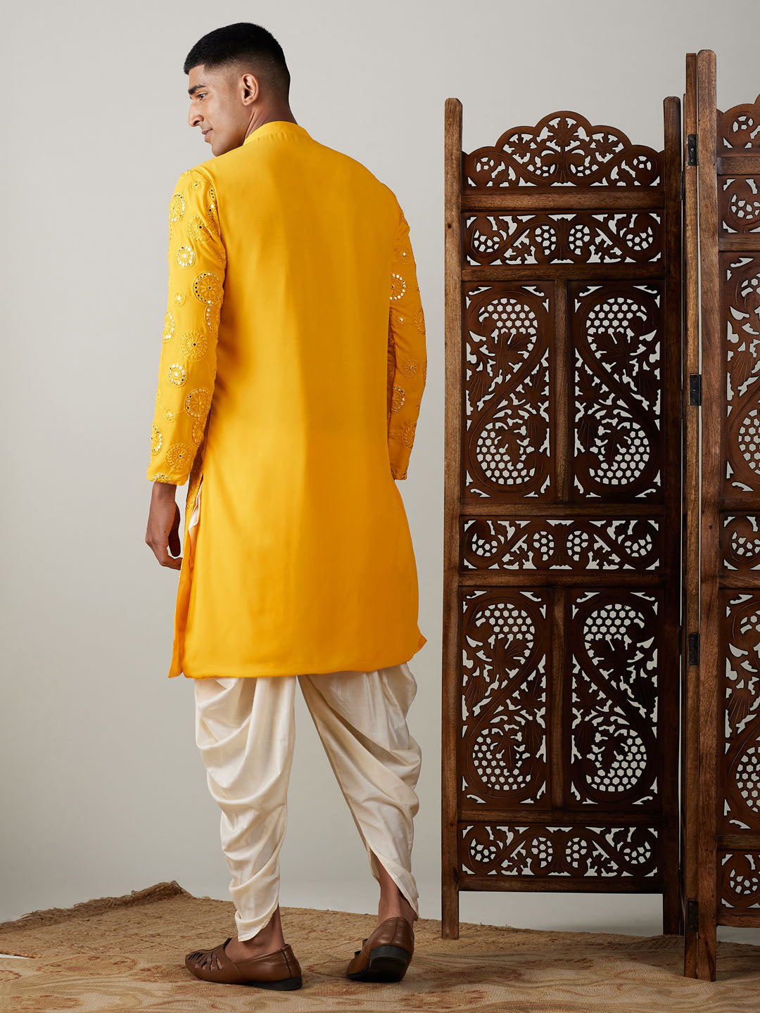 Vastramay mens yellow ethnic motifs embroidered kurta with solid dhoti pant set