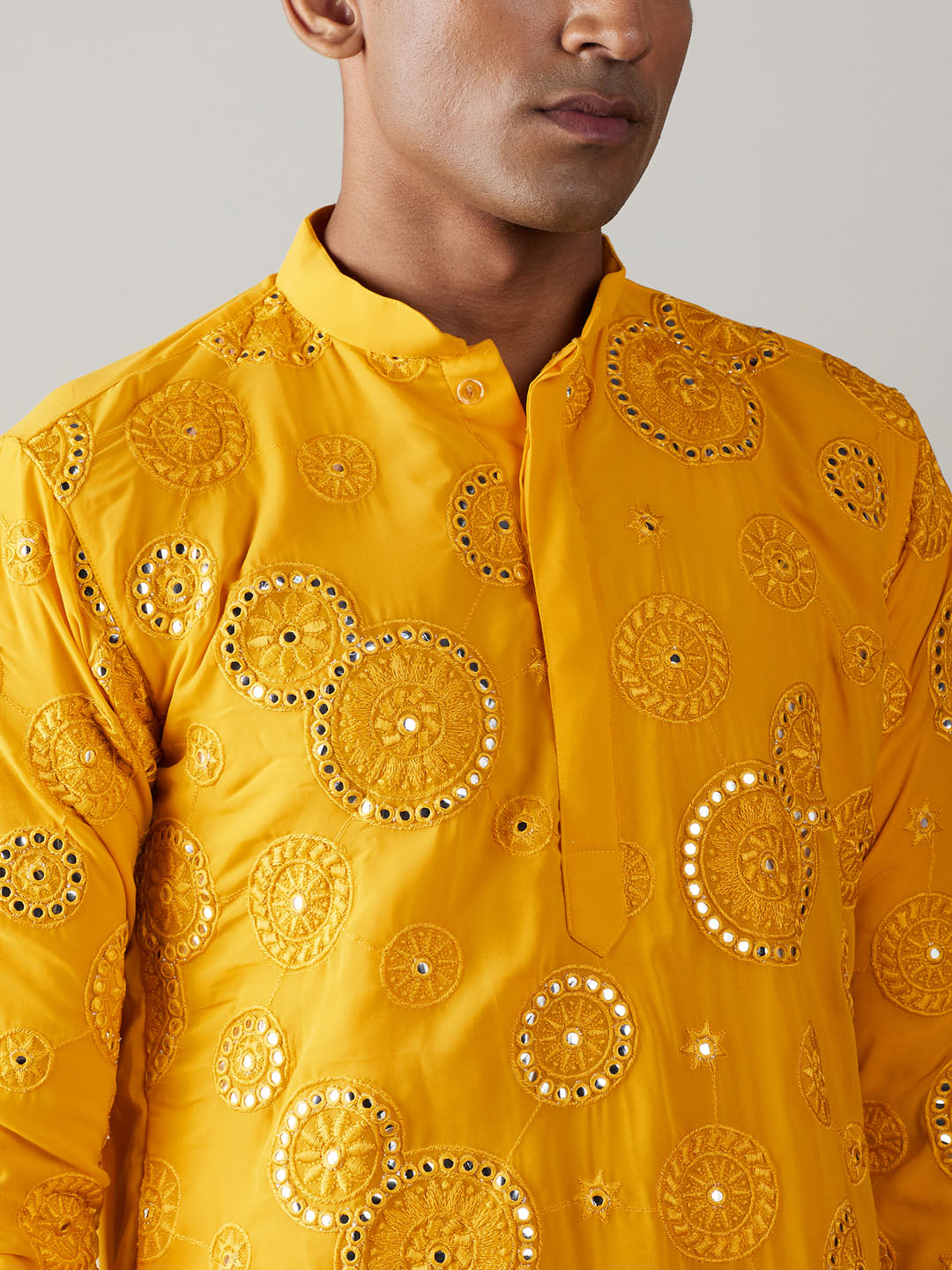 Vastramay mens yellow ethnic motifs embroidered kurta with solid dhoti pant set