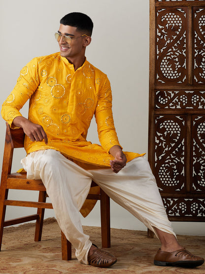 Vastramay mens yellow ethnic motifs embroidered kurta with solid dhoti pant set