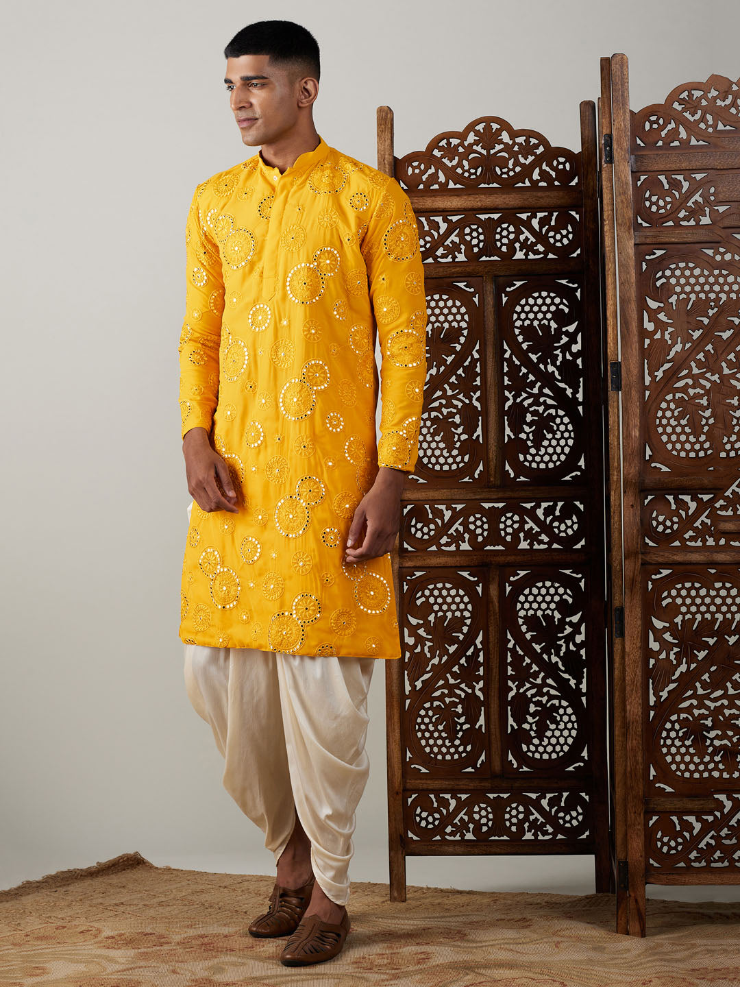 Vastramay mens yellow ethnic motifs embroidered kurta with solid dhoti pant set