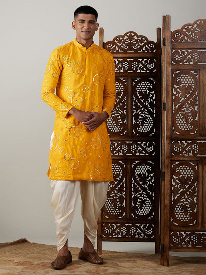 Vastramay mens yellow ethnic motifs embroidered kurta with solid dhoti pant set