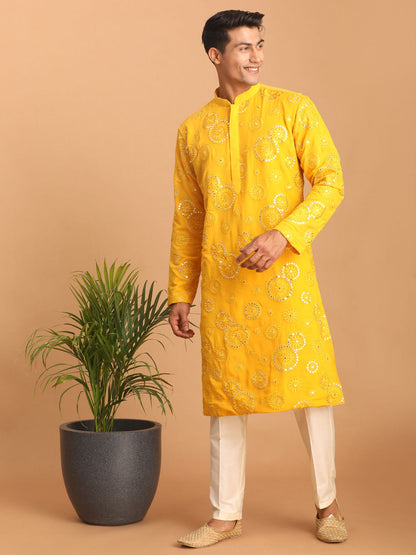 VASTRAMAY Men's Yellow Embroidered Kurta Pant Set