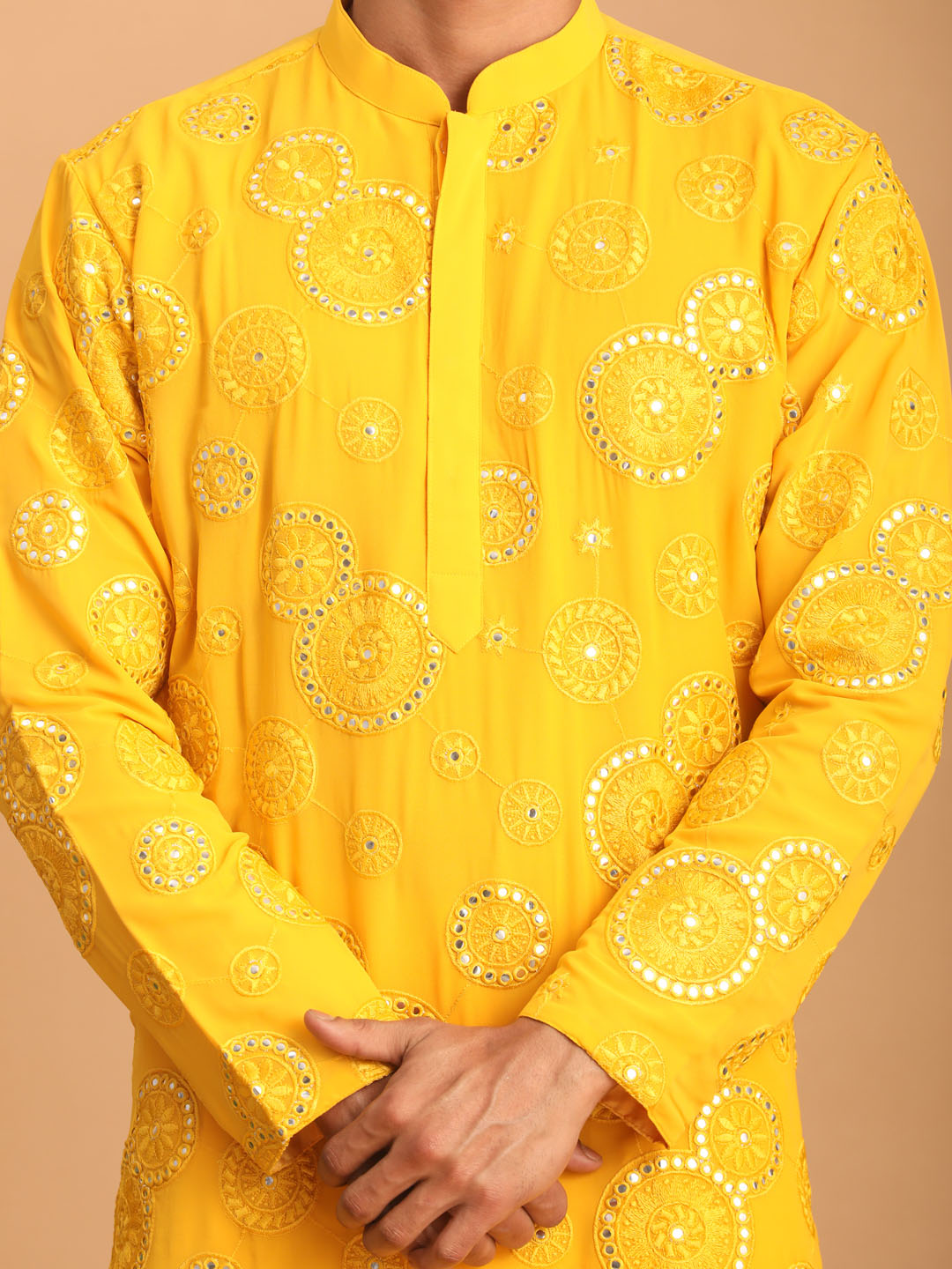 VASTRAMAY Men's Yellow Embroidered Kurta Pant Set