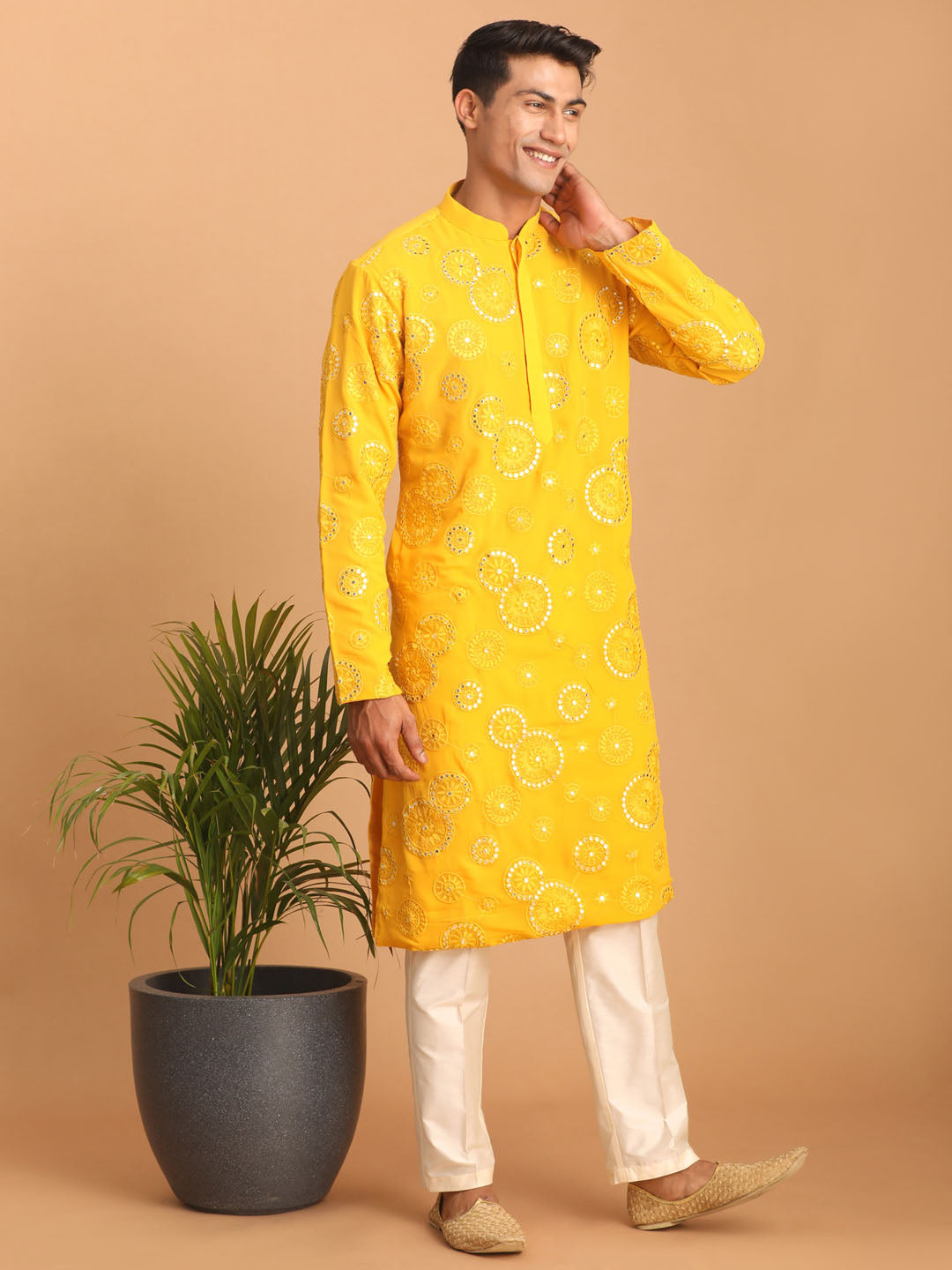 VASTRAMAY Men's Yellow Embroidered Kurta Pant Set