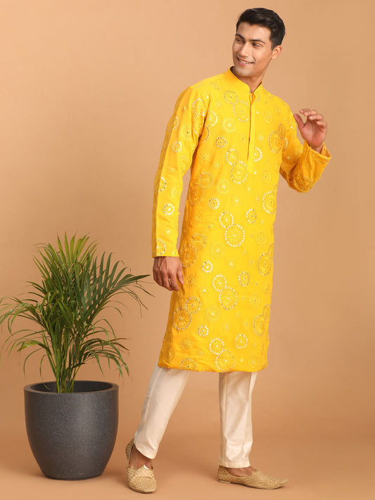 SHRESTHA BY VASTRAMAY Men's Yellow Embroidered Kurta Pant Set