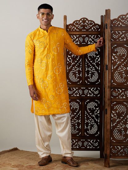 Vastramay mens yellow ethnic motifs embroidered kurta with solid patiala set