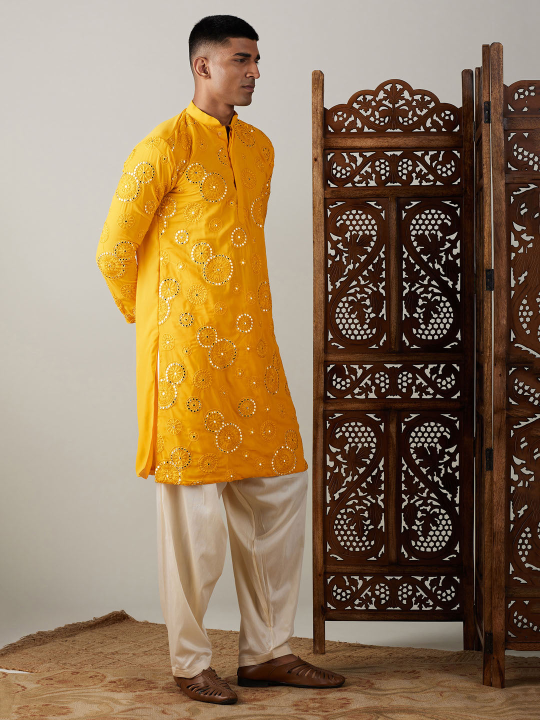 Vastramay mens yellow ethnic motifs embroidered kurta with solid patiala set