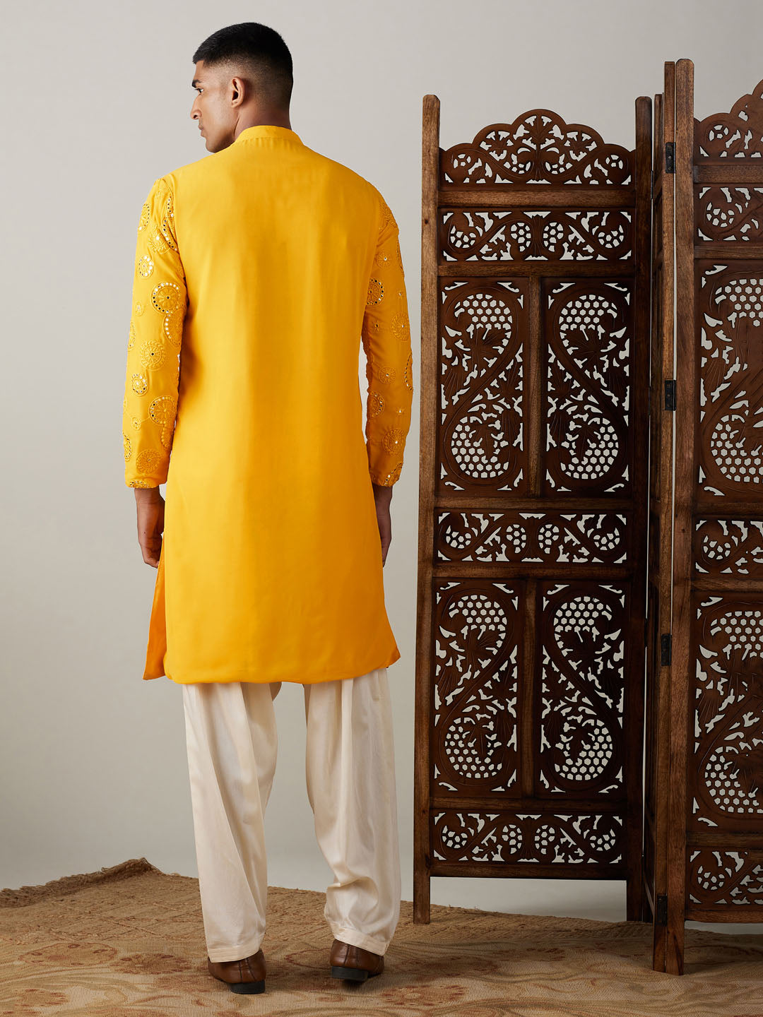 Vastramay mens yellow ethnic motifs embroidered kurta with solid patiala set