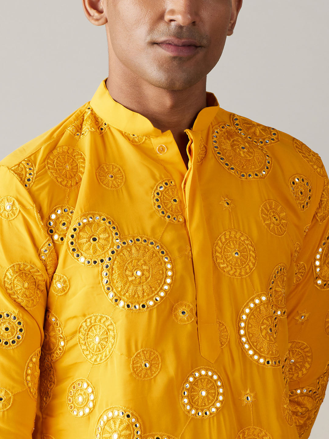 Vastramay mens yellow ethnic motifs embroidered kurta with solid patiala set