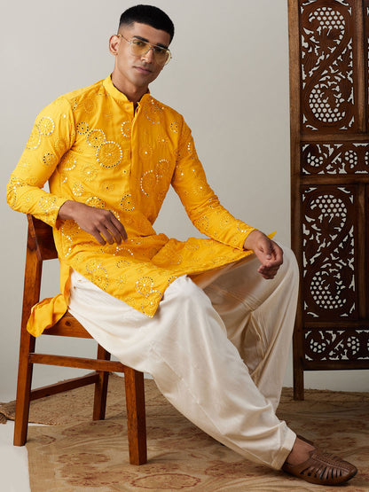 Vastramay mens yellow ethnic motifs embroidered kurta with solid patiala set