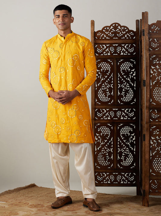 Vastramay mens yellow ethnic motifs embroidered kurta with solid patiala set