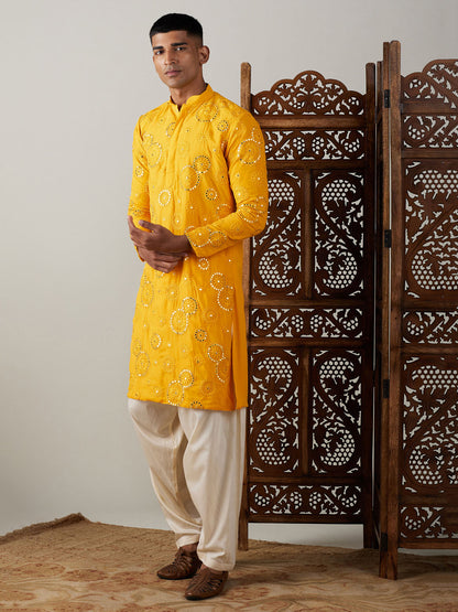 Vastramay mens yellow ethnic motifs embroidered kurta with solid patiala set