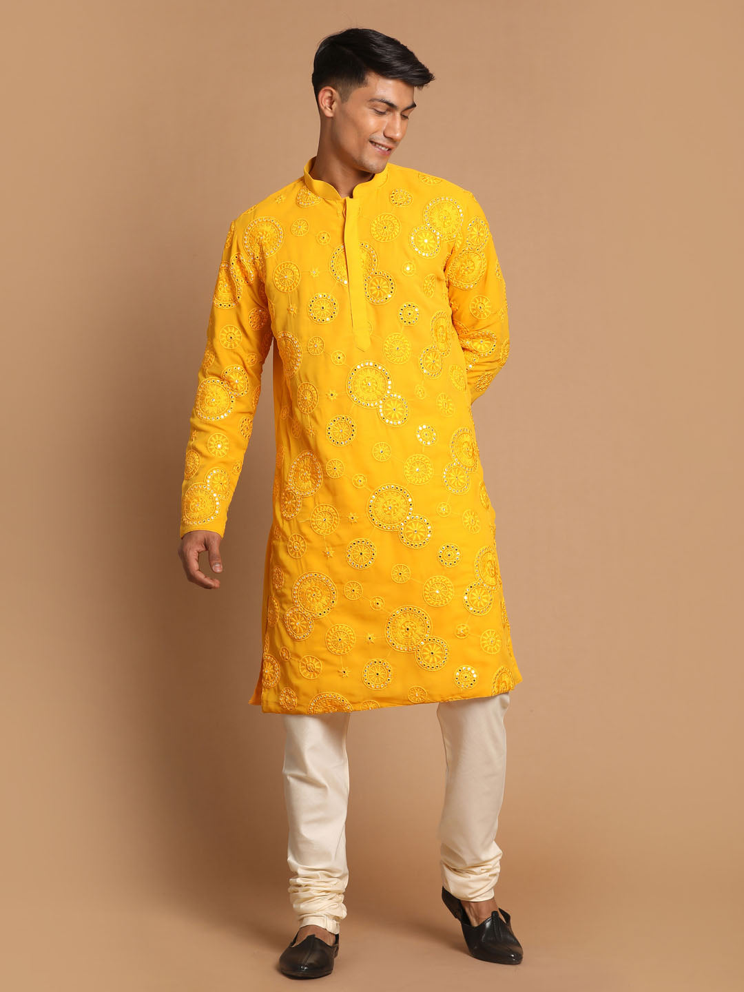 Vastramay Men's Yellow Embroidered Kurta Pyjama Set