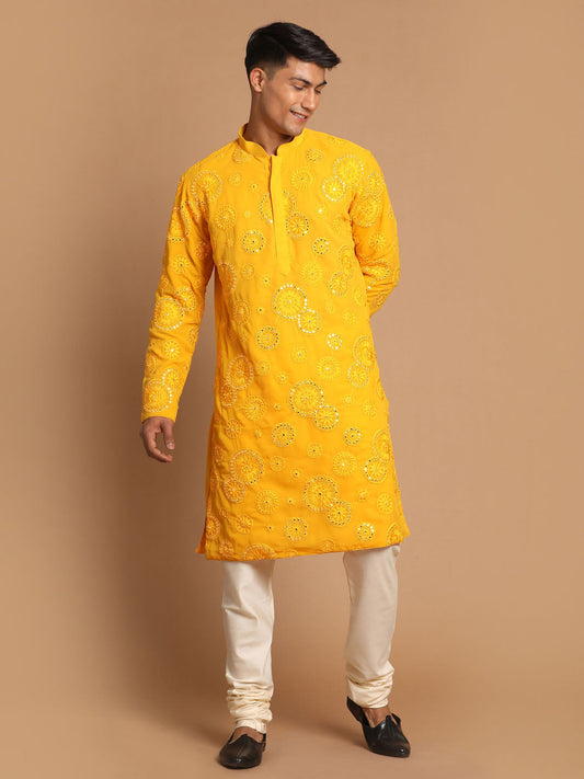 Vastramay Men's Yellow Embroidered Kurta Pyjama Set