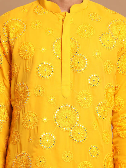 Vastramay Men's Yellow Embroidered Kurta Pyjama Set