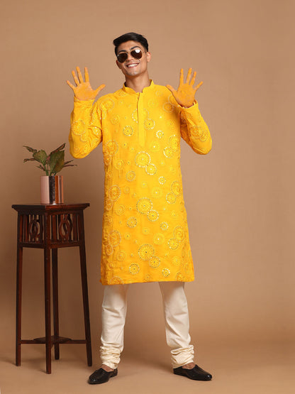 Vastramay Men's Yellow Embroidered Kurta Pyjama Set