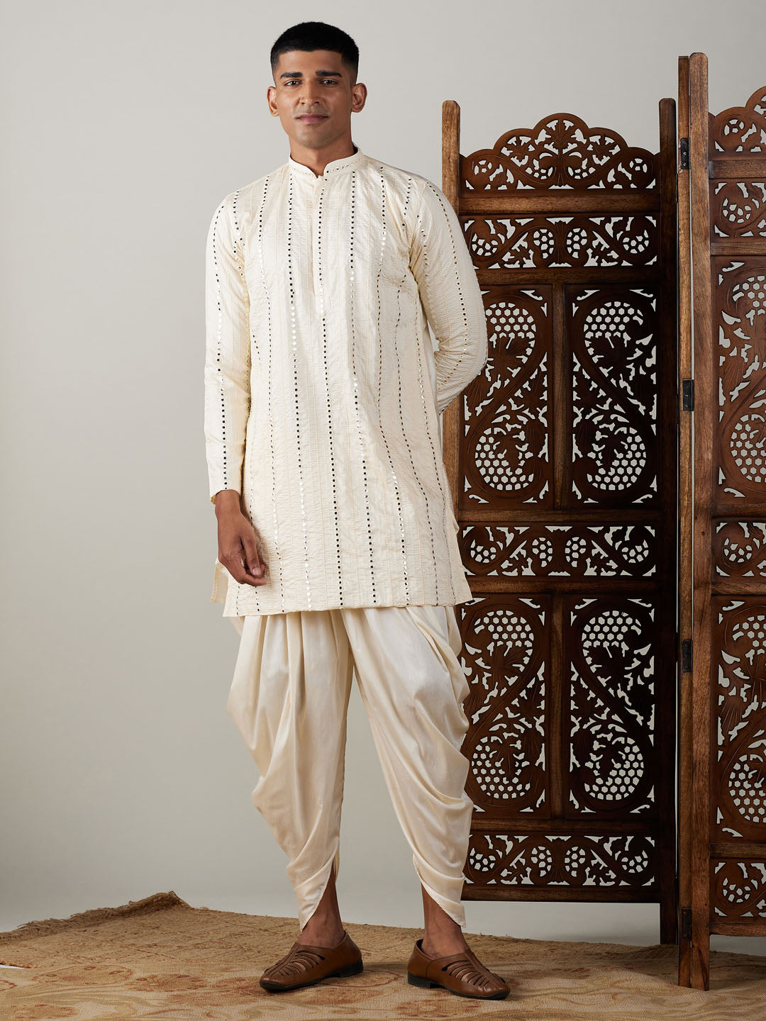 Vastramay mens cream embroidered vertical mirror work kurta with cowl dhoti set
