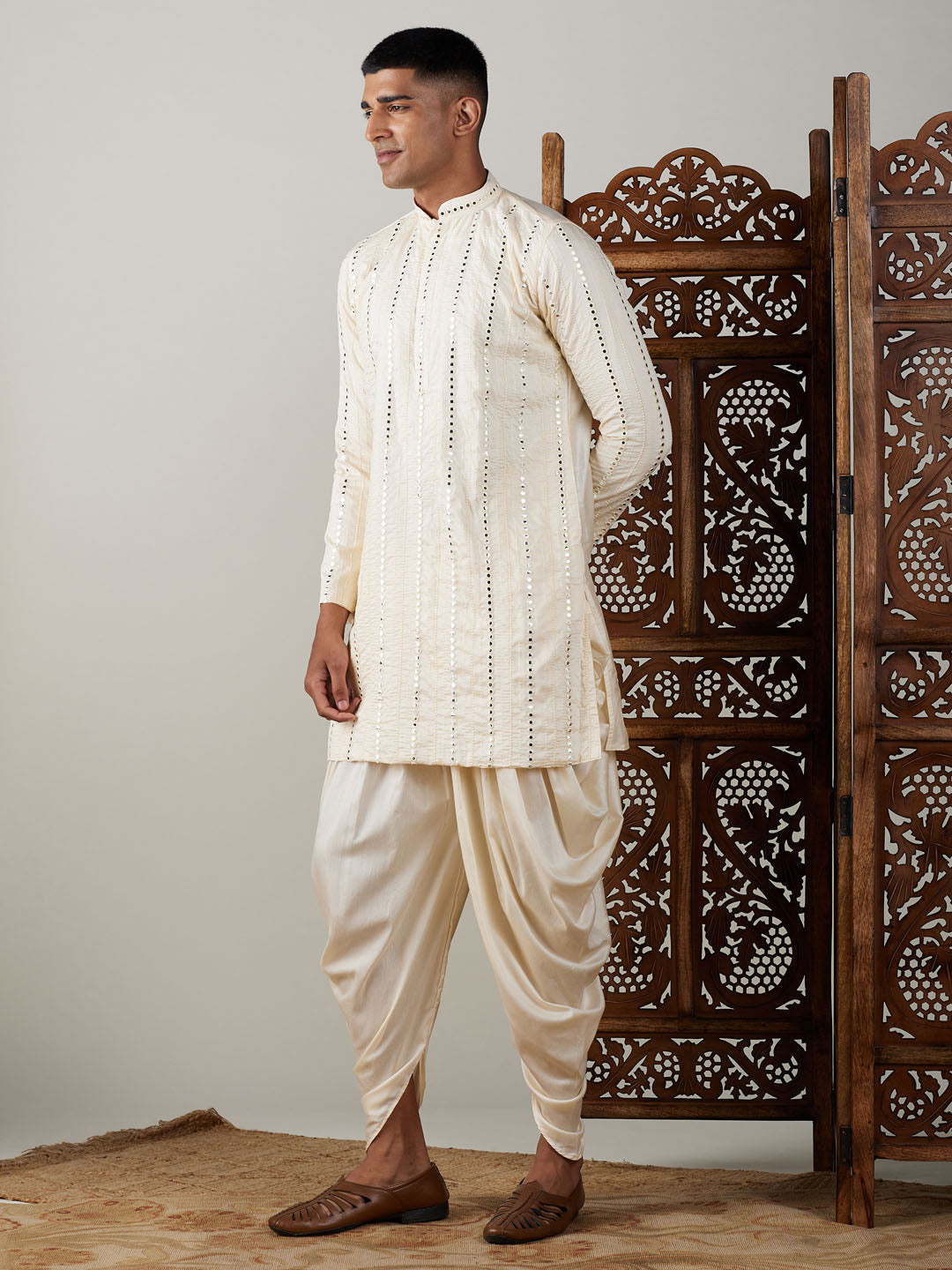 Vastramay mens cream embroidered vertical mirror work kurta with cowl dhoti set