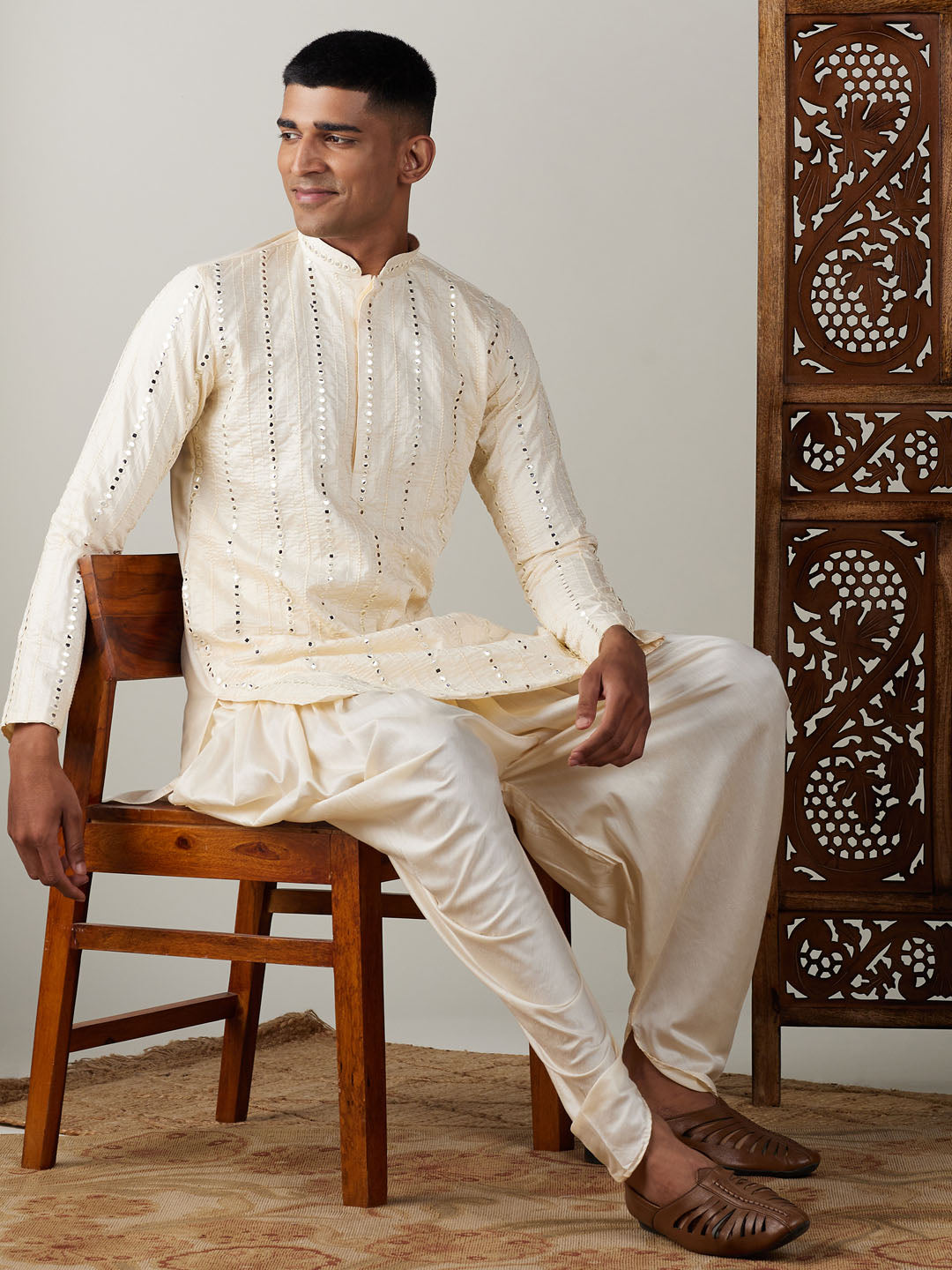 Vastramay mens cream embroidered vertical mirror work kurta with cowl dhoti set