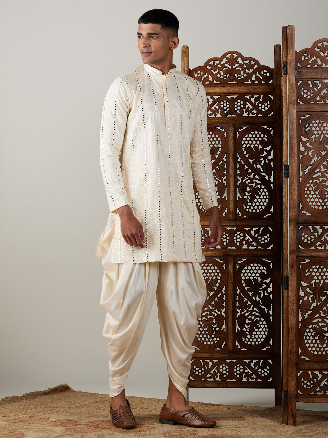 Vastramay mens cream embroidered vertical mirror work kurta with cowl dhoti set