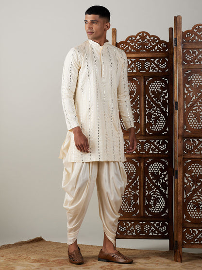 Vastramay mens cream embroidered vertical mirror work kurta with cowl dhoti set