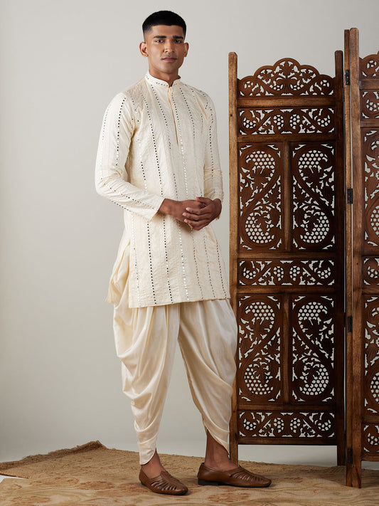 Vastramay mens cream embroidered vertical mirror work kurta with cowl dhoti set