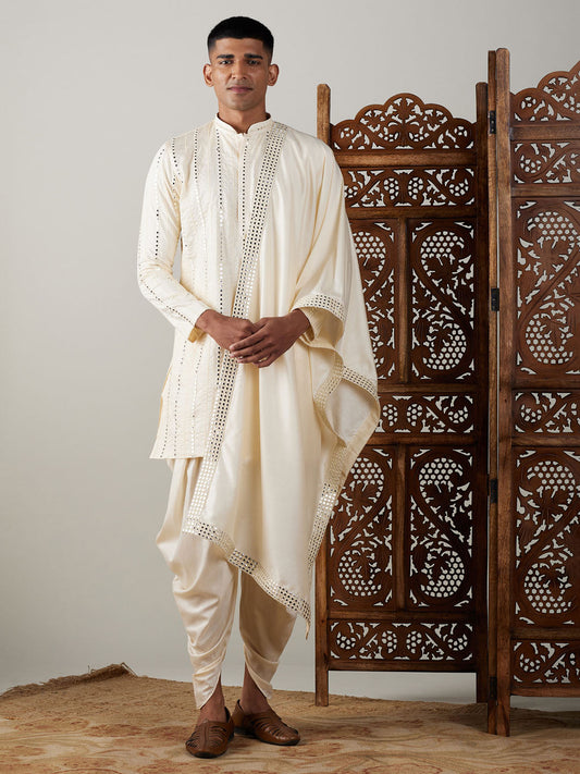 Vastramay mens cream embroidered vertical mirror work kurta with cowl dhoti set with ethnic dupatta 1