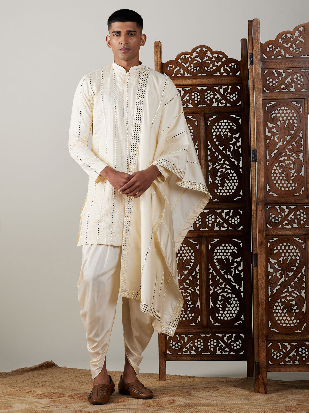 Vastramay mens cream embroidered vertical mirror work kurta with cowl dhoti set with ethnic dupatta