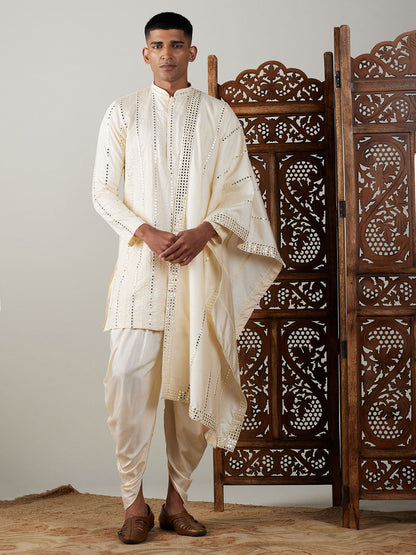 Vastramay mens cream embroidered vertical mirror work kurta with cowl dhoti set with ethnic dupatta