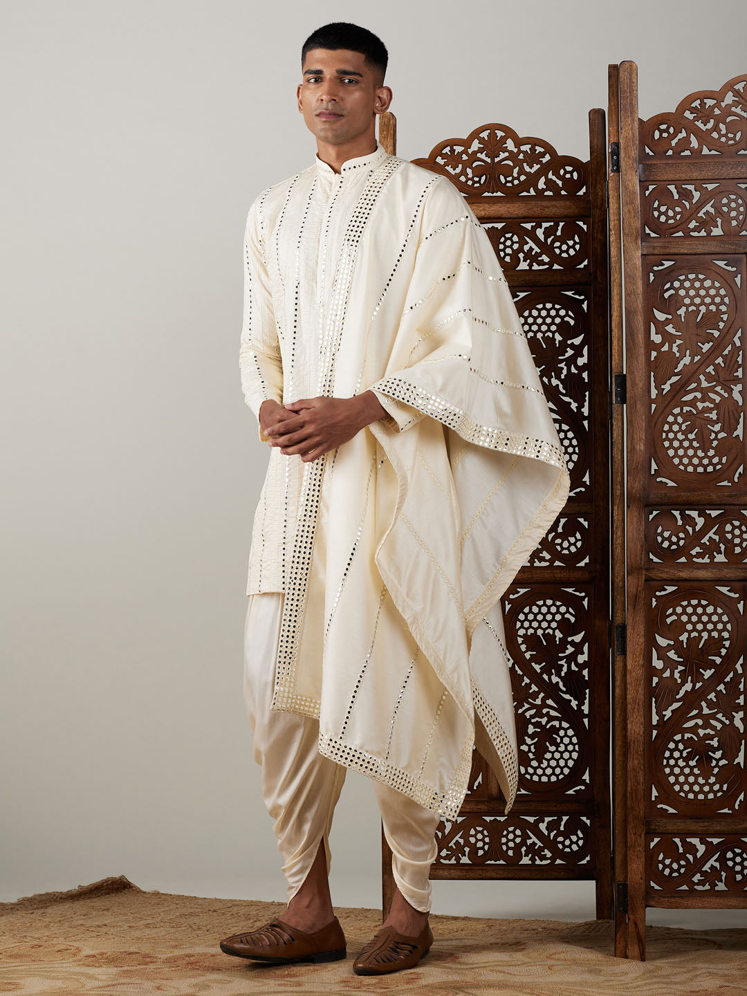Vastramay mens cream embroidered vertical mirror work kurta with cowl dhoti set with ethnic dupatta